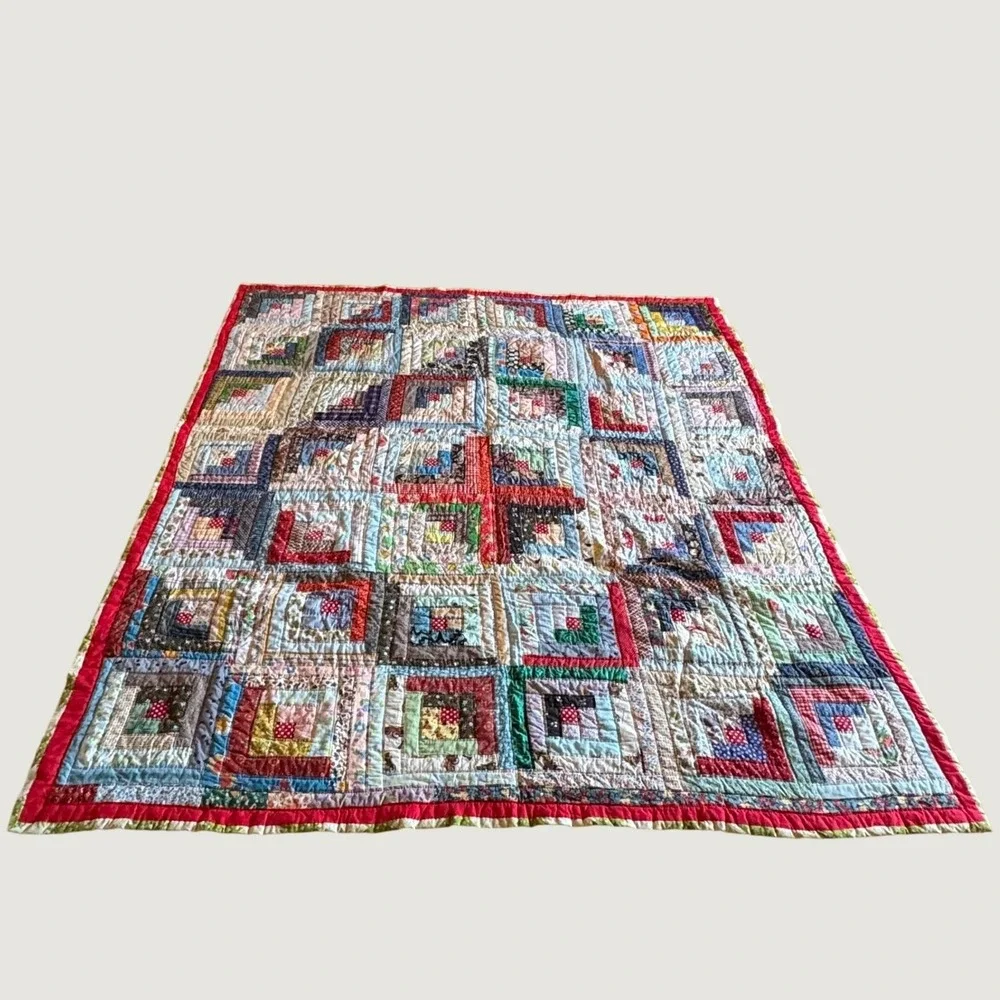 Handsewn Log Cabin Quilt Large Multi Color Vintage Patchwork Cottagecore Rustic